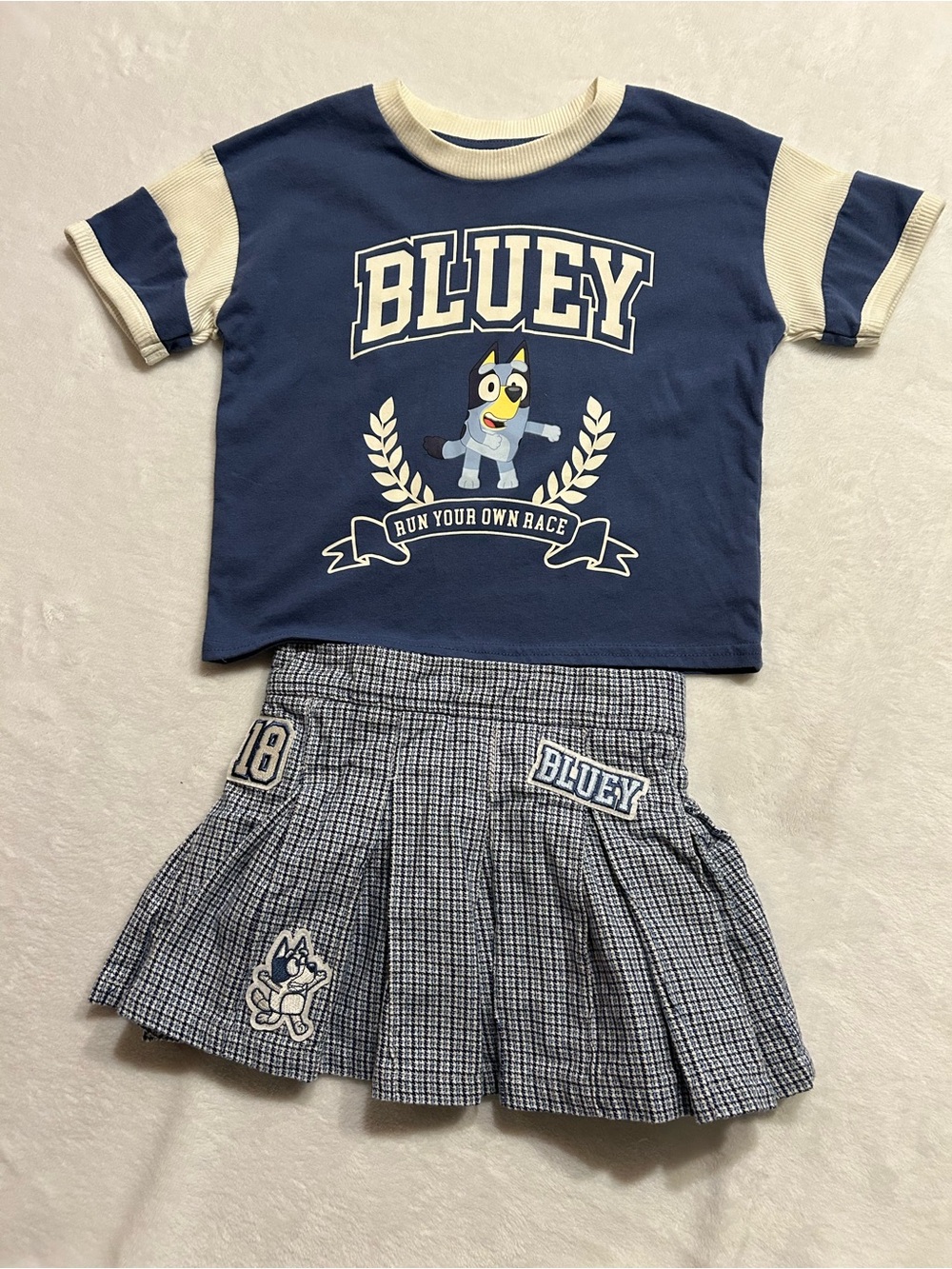 Bluey Girls XS (4/5) 2-Piece Cotton Blend Tee & Houndstooth Skirt Set
